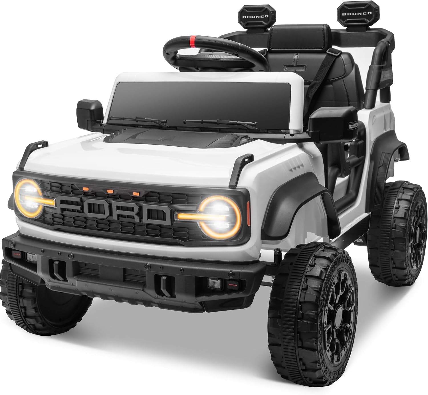ENYOPRO 12V Electric Car for Kids Licensed Ford Bronco Raptor, Battery Powered Toddler Ride on Car w/Remote Control, Power Pedal & Durable Wheels, Soft Start, Bluetooth, LED Lights, Horn(White)