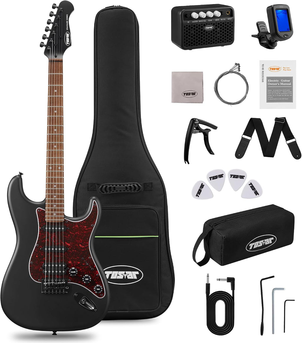 Tostar Electric Guitar Kit with Amp HSS Pickup Beginner Electric Guitar Stratocaster with Gig Bag,Capo,Tremolo, Strap, Picks 39' Full Size Electric Guitars Heavy Metal 6 String for Gifts Satin Black