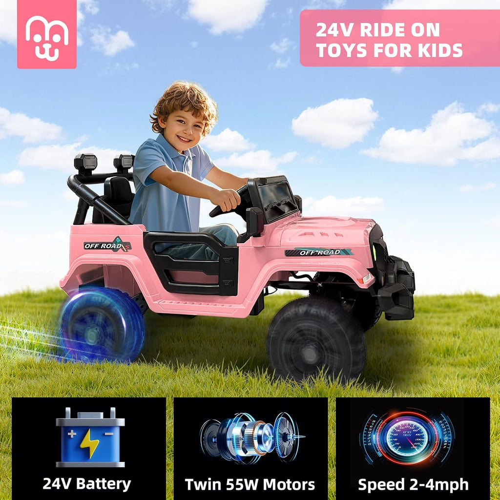MINIATURE MOTORS 24V Kids Electric Ride on Truck Car Remote Control, Twin 55W Motors 4MPH Max Speed, Bluetooth Music Player, 4 Wheels Suspension LED Lights Safety Belt, Gift for Boys Girls-Light Pink