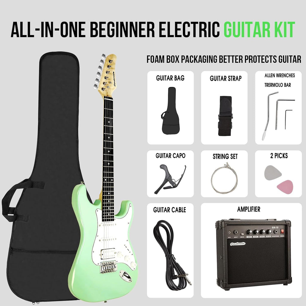 Soulmate Electric Guitar Kit, 39' Beginner Electric Guitar Solid Body Full Size HSS Pick Up for Starter, with Amplifier, Bag, Capo, Strap, String,Cable, Picks, Green