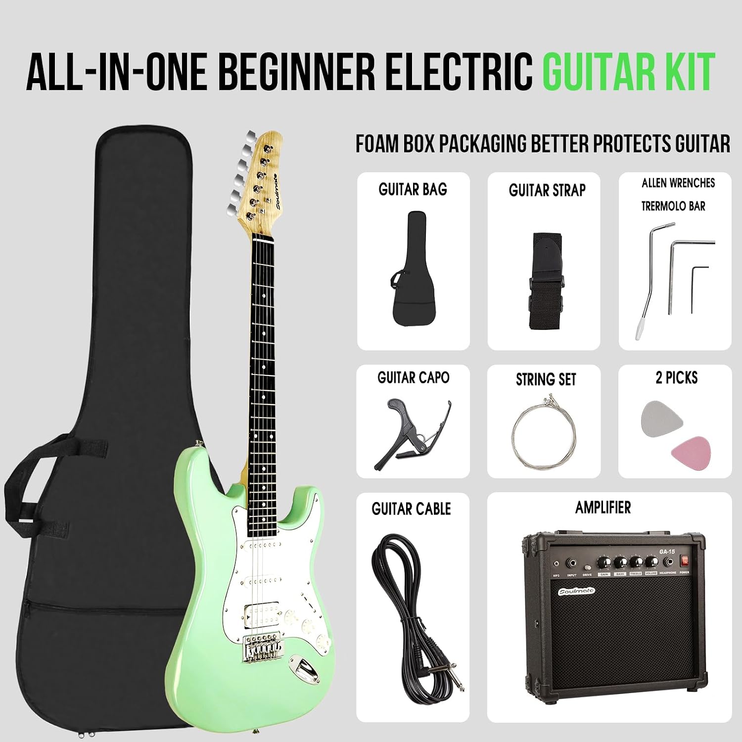 Soulmate Electric Guitar Kit, 39' Beginner Electric Guitar Solid Body Full Size HSS Pick Up for Starter, with Amplifier, Bag, Capo, Strap, String,Cable, Picks, Green