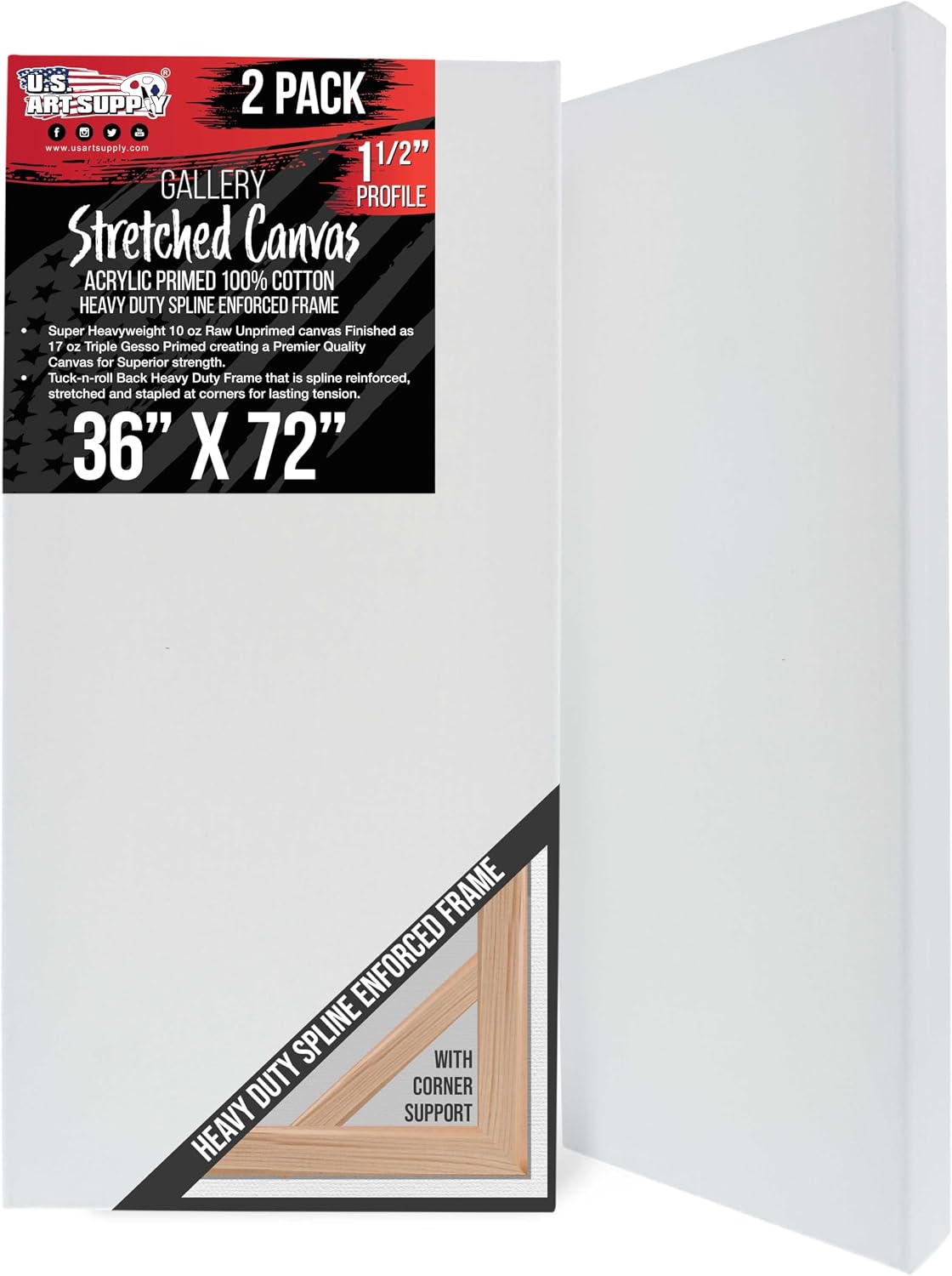U.S. Art Supply Rectangle Stretched Canvas for Painting 36x72 inch Gallery Depth 1-1/2' Thick, 2-Pack - 17oz Acrylic Gesso Triple Primed, Professional Artist Quality, 100% Cotton - Oil, Pouring Paint