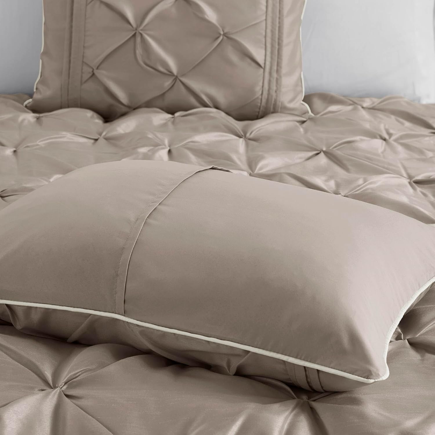 Madison Park Laurel Cozy Comforter Set - Traditional Tufted Faux Silk Design, All Season Down Alternative Bedding with Matching Shams, Decorative Pillow, Taupe Cal King(104'x92') 7 Piece