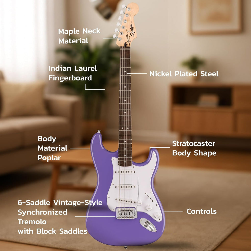 Fender Squier Sonic Stratocaster - Ultraviolet Bundle with Frontman 10G Amp, Tuner, Strap, Cable, Picks, and Austin Bazaar Instructional DVD