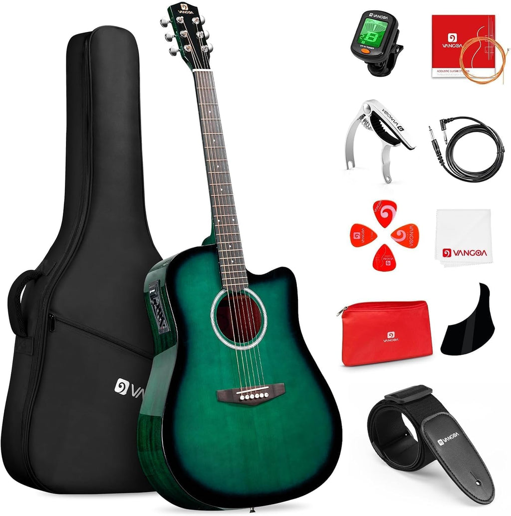 Vangoa Acoustic Electric Guitar Bundle for Beginner Teen Adult Full Size Cutaway Acoustic Guitar Starter Kit Set with Built-in Pickups Bag Tuner Strap Capo Picks Cable, Glossy Green