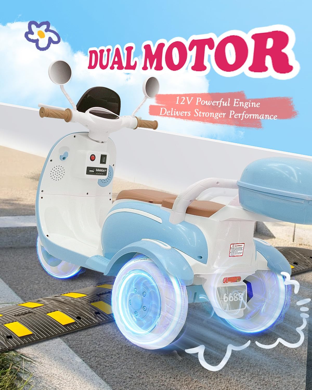 12V 2 Seater Ride on Motorcycle for Kids, Electric Moped Scooter w/Remote Control, Storage Box, Music, LED Light, Horn, 2x50W Motor, Toddler Ride on Toys for Girls Boys, Blue