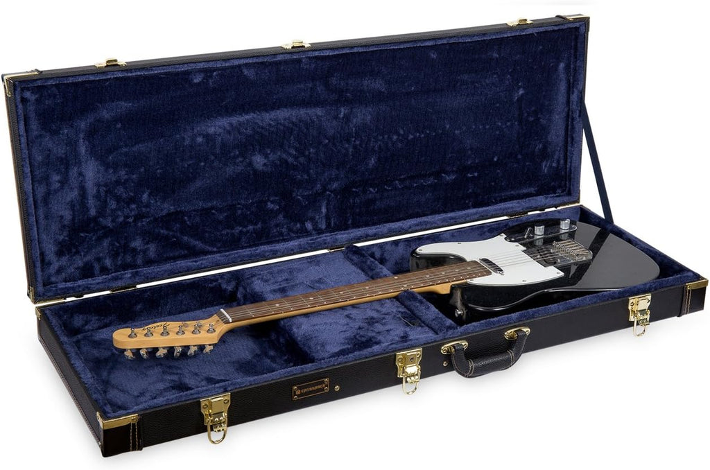 Crossrock Electric Guitar Wood Case Fits Fender Telecaster and Stratocaster-Black (CRW620EBK)