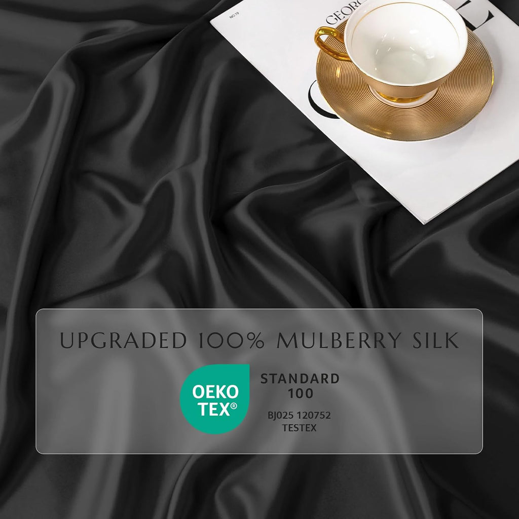 THXSILK 100% Silk Sheet Set, 7A+ Silk Sheet Set Soft Breathable, Luxury Bedding (1 Duvet Cover, 1 Fitted Sheet, 2 Pillow Shams), King, Black