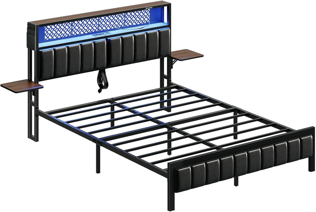 Bestier Queen Bed Frame with Upholstered Headboard and Charging Station, Folding Bedside Shelves Storage, LED Metal Platform Bed Frame, Non-Slip, Noise-Free, Easy Assembly, Walnut