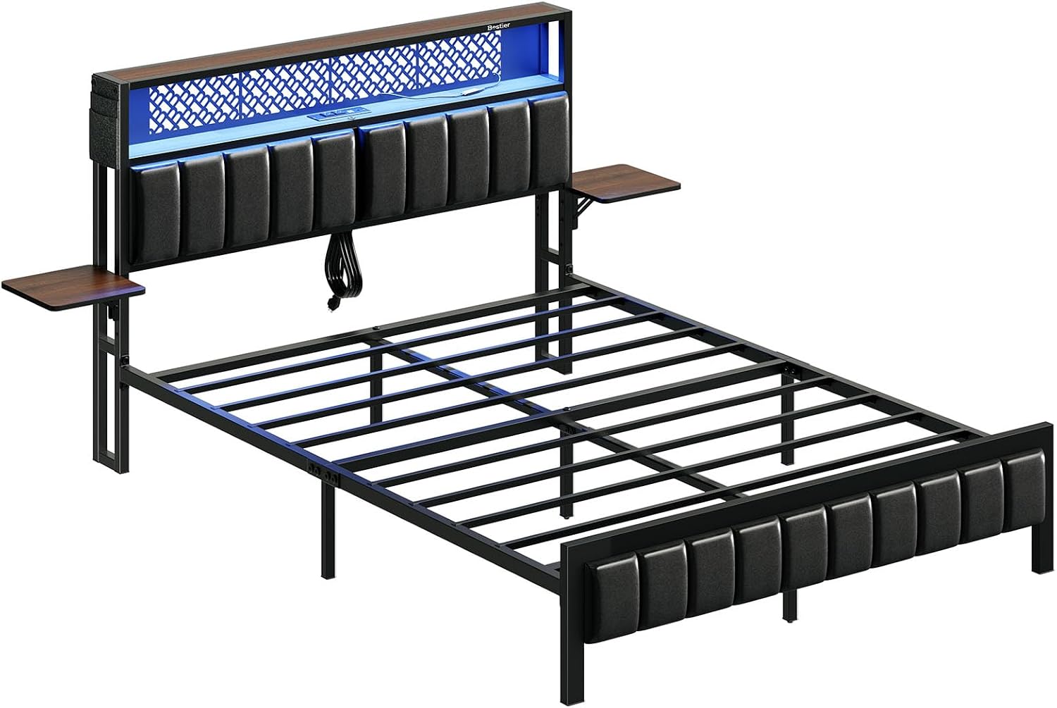 Bestier Queen Bed Frame with Upholstered Headboard and Charging Station, Folding Bedside Shelves Storage, LED Metal Platform Bed Frame, Non-Slip, Noise-Free, Easy Assembly, Walnut