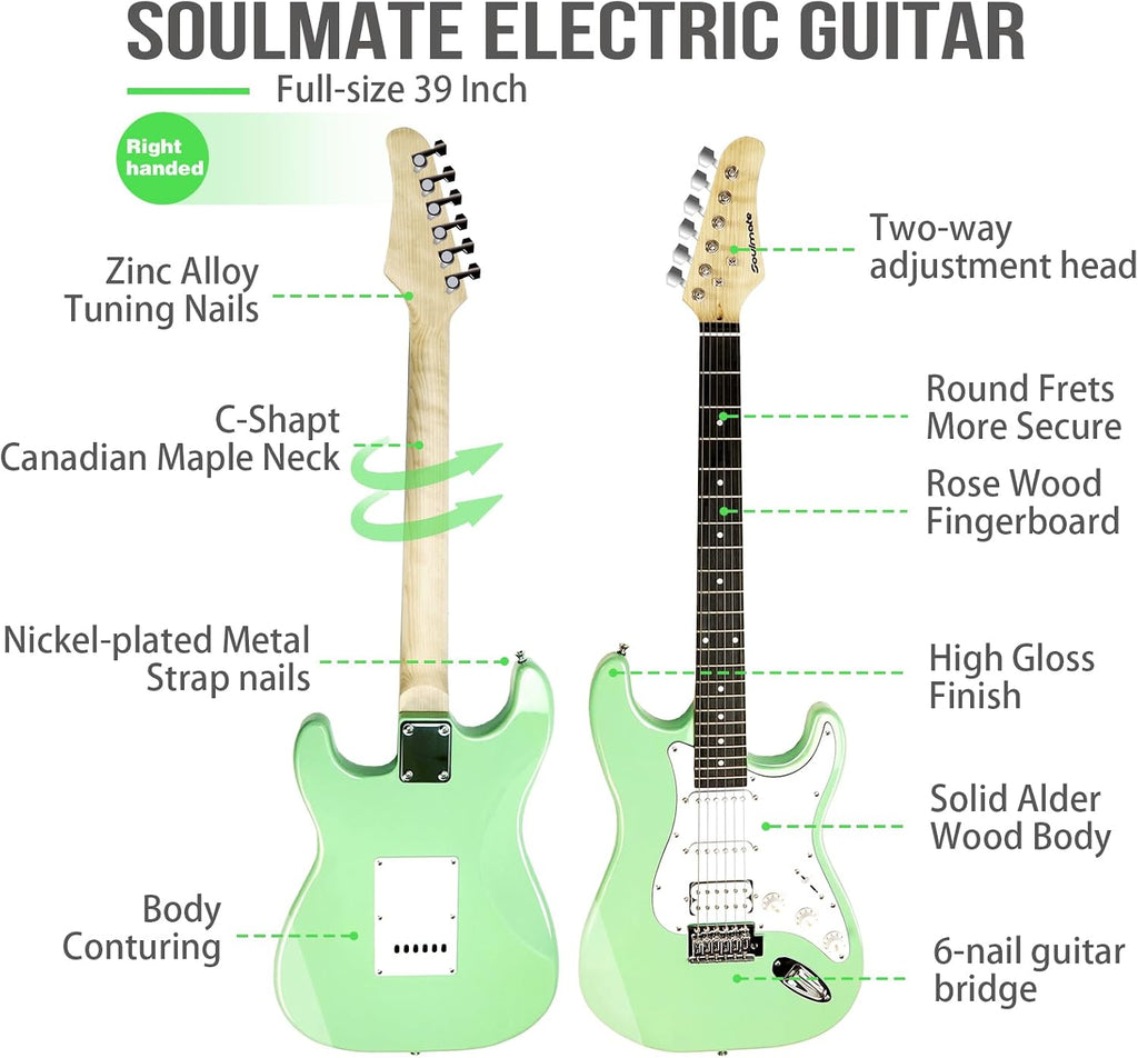 Soulmate Electric Guitar Kit, 39' Beginner Electric Guitar Solid Body Full Size HSS Pick Up for Starter, with Amplifier, Bag, Capo, Strap, String,Cable, Picks, Green