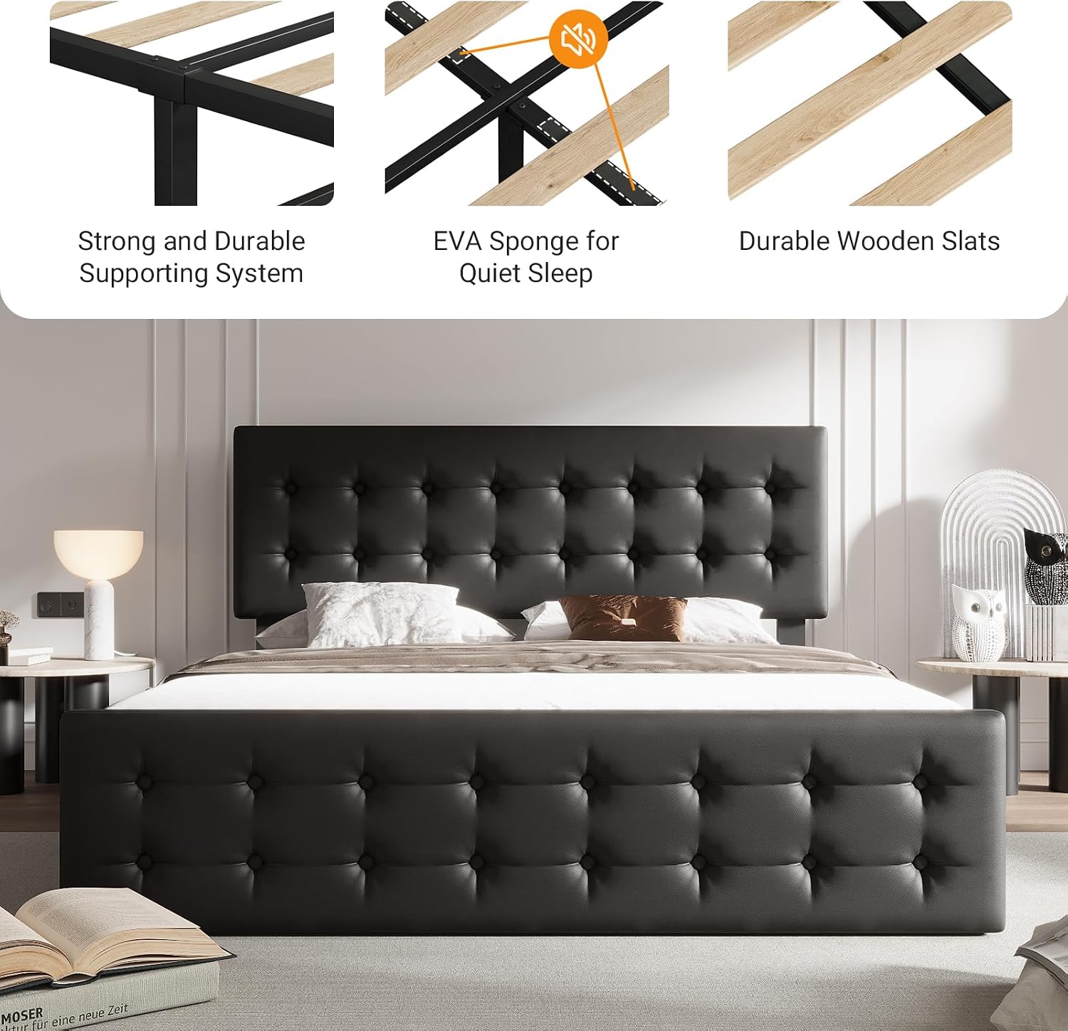 King Size Platform Bed Frame with 4 Storage Drawers & Headboard, Faux Leather Upholstered, Button Tufted Design, Wooden Slats Support, Noise-Free Mattress Foundation, No Box Spring Needed, Black