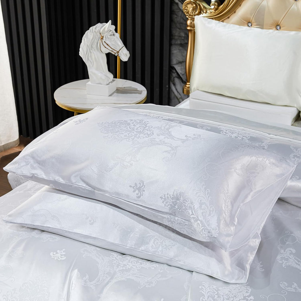 Jacquard Comforter Set White Sheet Set Satin Bedding Set King 8 Pcs Vintage Neoclassical Floral Bed Home Decor Soft Comforter Luxury Hotel Silky Bed in a Bag with 1 Cushion Cover