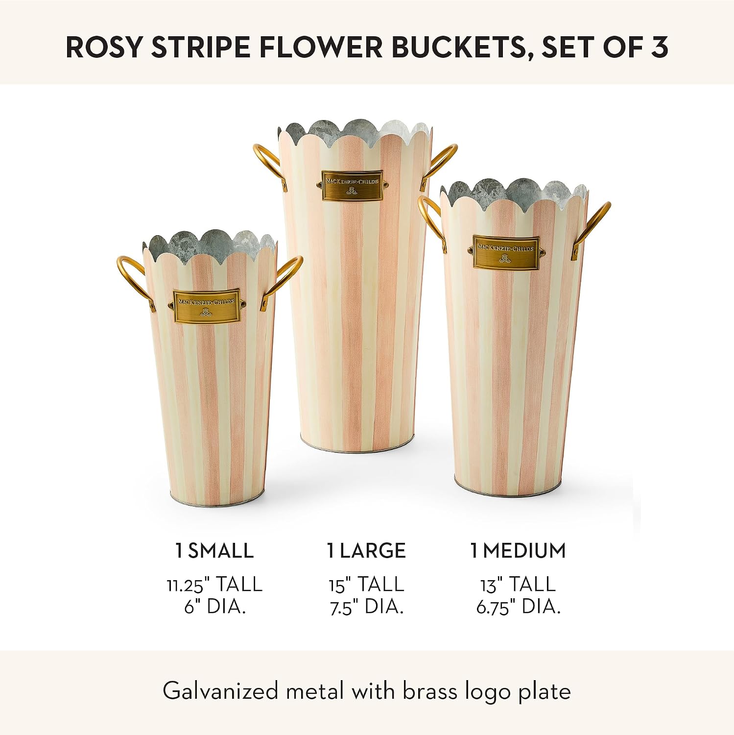 MACKENZIE-CHILDS Set of 3 Galvanized Flower Buckets, Decorative Metal Buckets, Pink-and-White Rosy Stripe