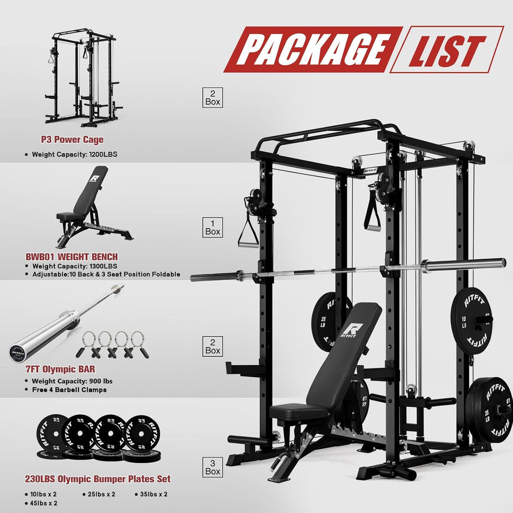 RitFit Multi-Function Garage & Home Gym Package Includes 1200LBS Power Cage PPC03/P3 with Cable Crossover System, Weight Bench, Olympic Barbell Weight Set, Full Body Workout