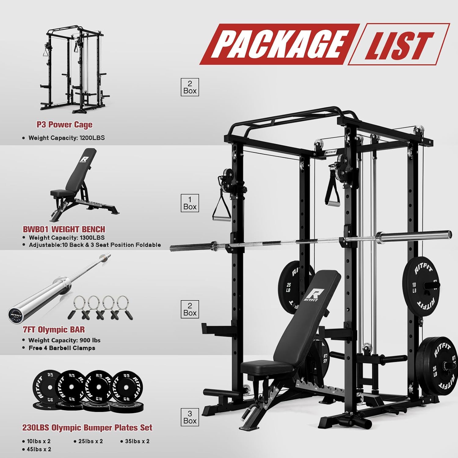 RitFit Multi-Function Garage & Home Gym Package Includes 1200LBS Power Cage PPC03/P3 with Cable Crossover System, Weight Bench, Olympic Barbell Weight Set, Full Body Workout