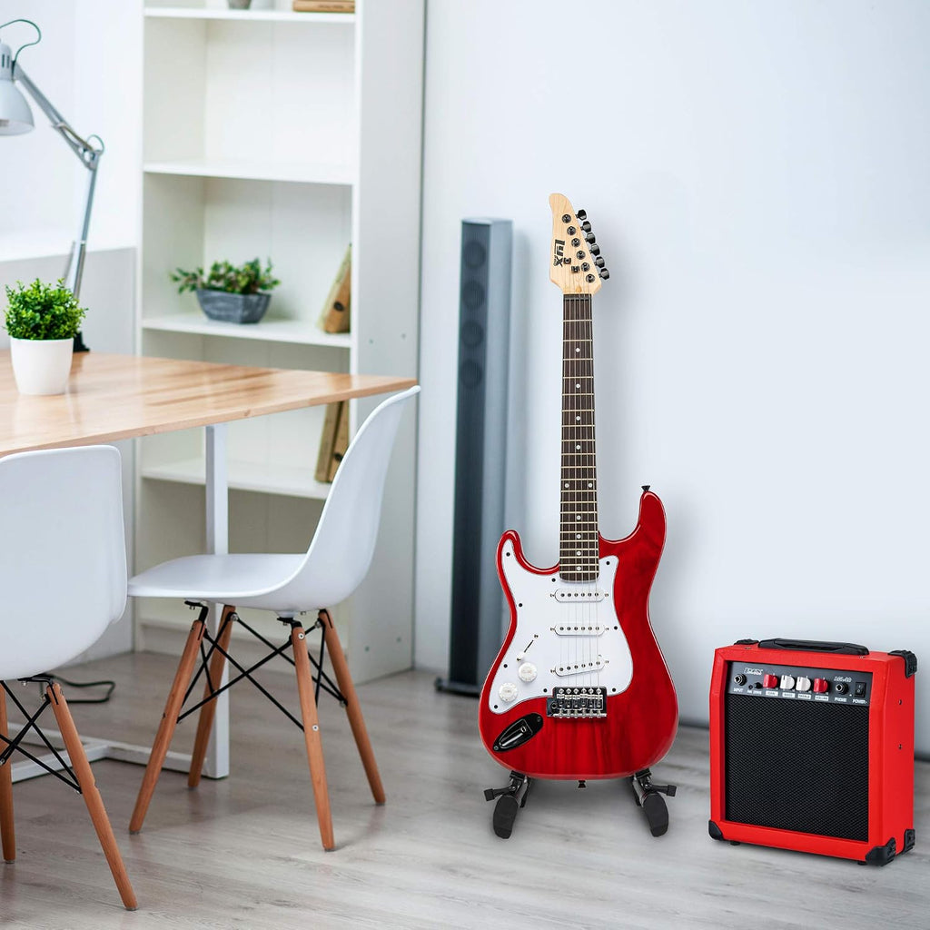 LyxPro Left Hand 36 Inch Electric Guitar and Kit for Lefty Kids with 3/4 Size Beginner's Guitar, Amp, Six Strings, Two Picks, Shoulder Strap, Digital Clip On Tuner, Cable and Soft Case Gig Bag - Red