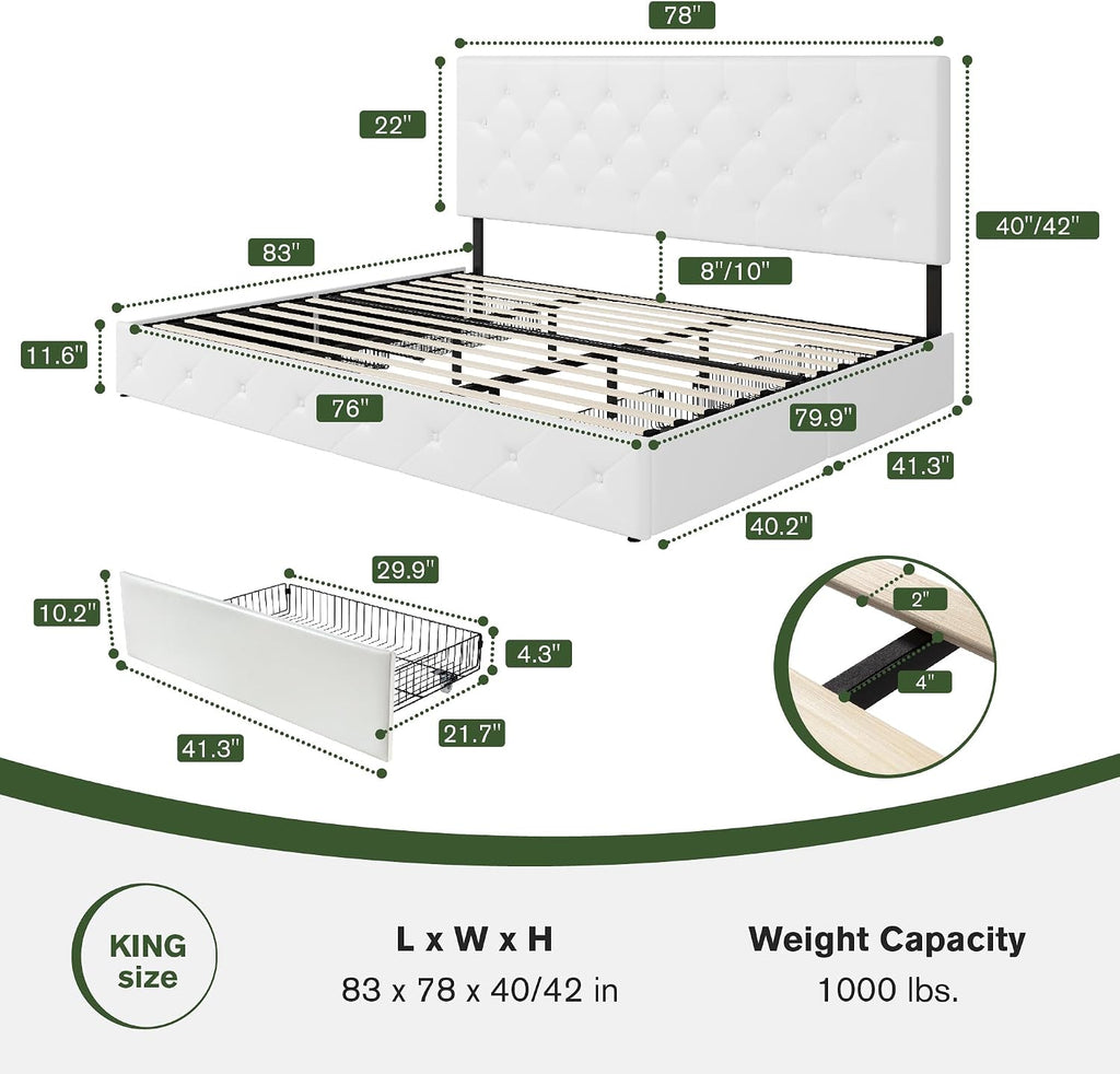 MUTICOR King Size Bed Frame with 4 Storage Drawers, Upholstered Platform Bed with Button Tufted Adjustable Headboard, No Box Spring Needed, Easy Assembly, Diamond Tufted, White Leather