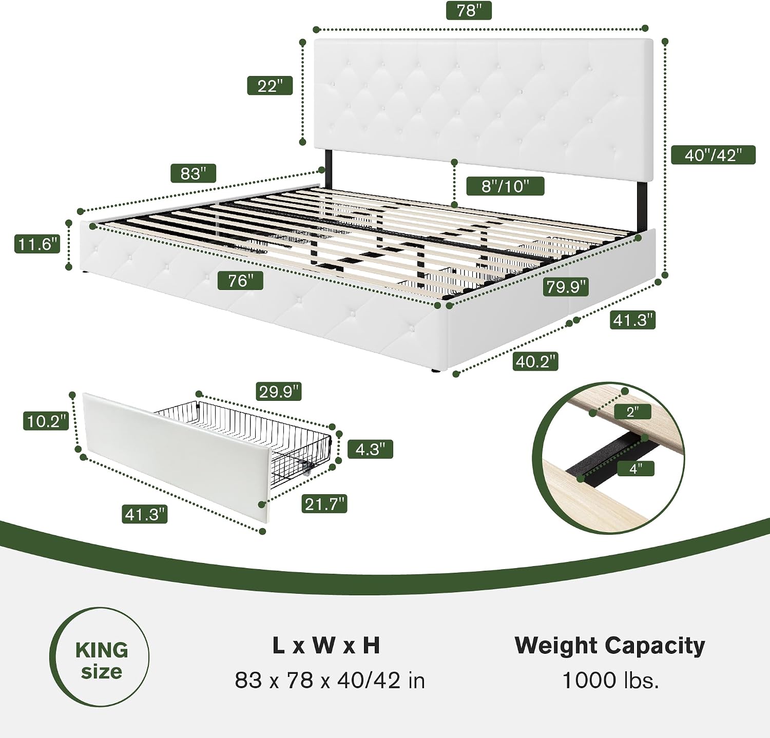 MUTICOR King Size Bed Frame with 4 Storage Drawers, Upholstered Platform Bed with Button Tufted Adjustable Headboard, No Box Spring Needed, Easy Assembly, Diamond Tufted, White Leather