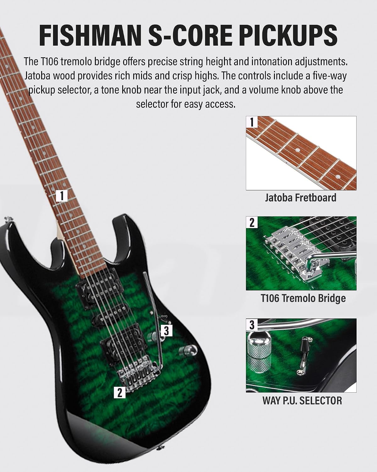 Ibanez GRX70QA RG Gio Electric Guitar - Transparent Emerald Burst Bundle with Amplifer, Gig Bag, Tuner, Instrument Cable, Picks, Austin Bazaar Instructional DVD, and Polishing Cloth