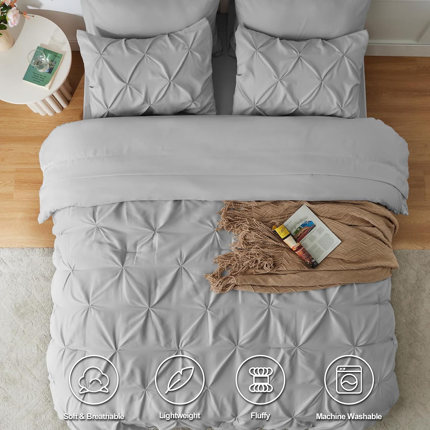King Size Comforter Set 7 Pieces Bed in a Bag 100% Cotton Light Gray Comforter King Pintuck Bed Sets Pinch Pleat Bedding Sets Comforter, Flat Sheet, Fitted Sheet, Pillowcases & Shams