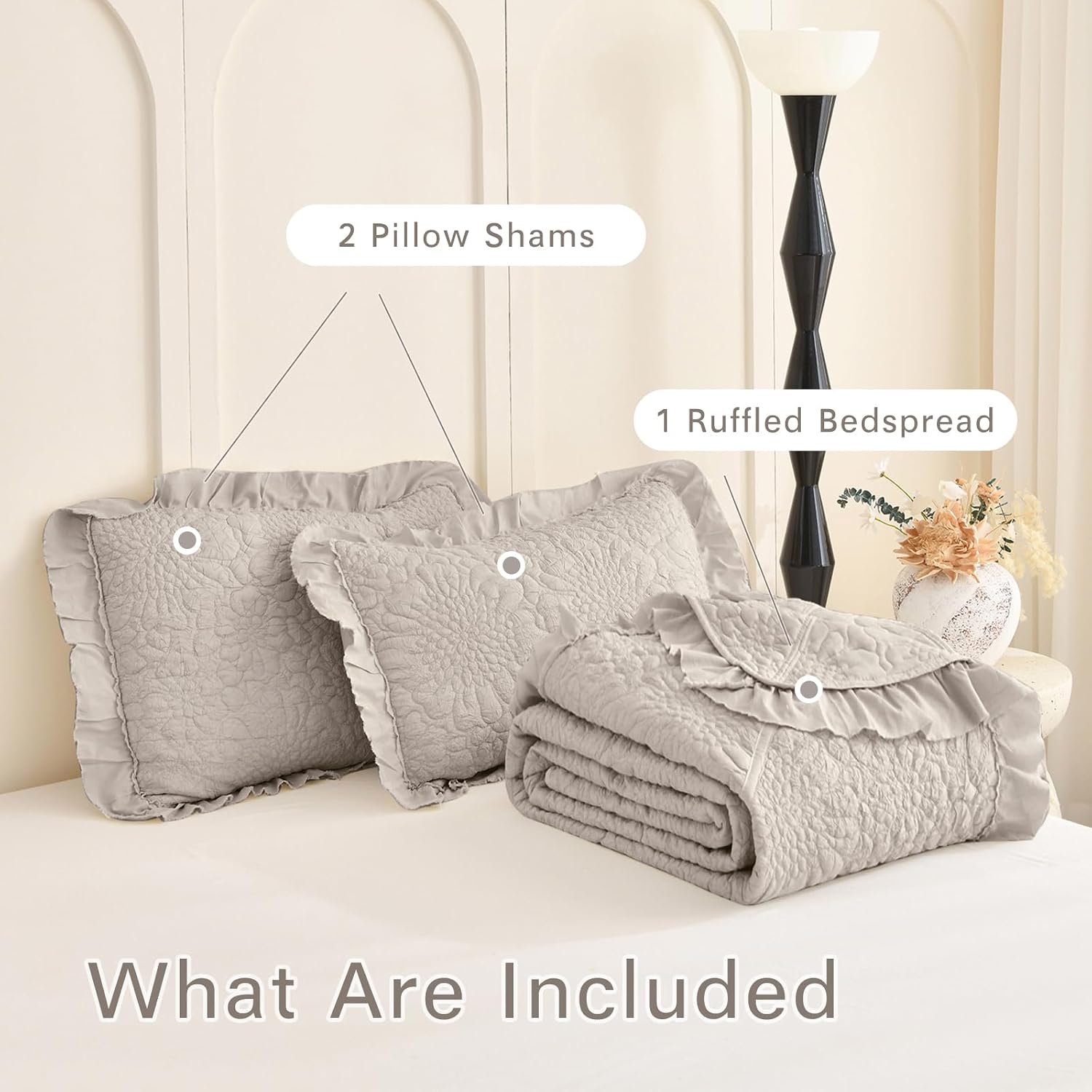 Lady Ann Oversized Bedspread Set 120x120, Extra Large Linen Feel Stone-Washed Ruffled Quilt Set Crinkled Blanket, Lightweight Shabby Quilted Bedspreads &Coverlets 3 PCS Farmhouse Rustic Bedding Sets