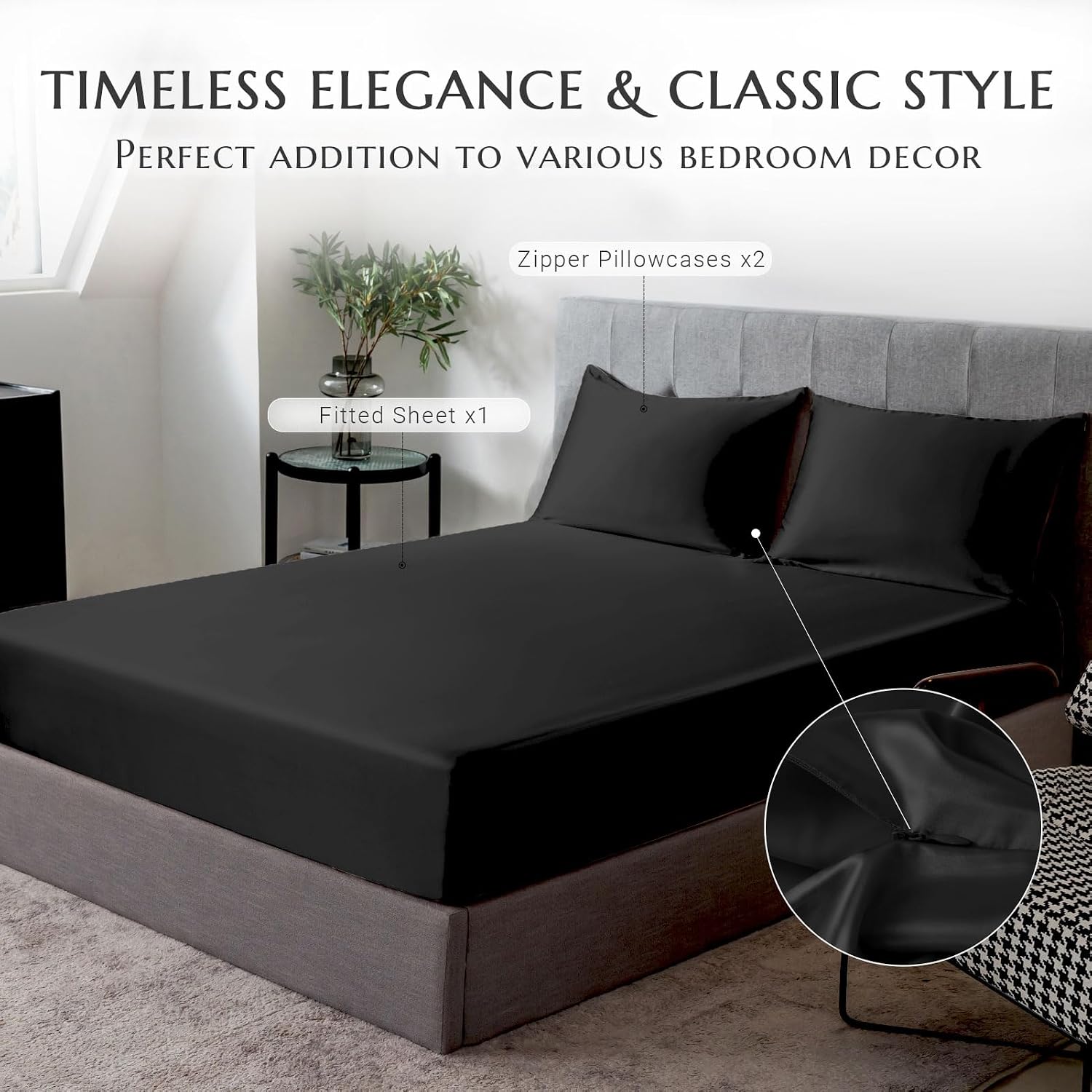 THXSILK 100% Mulberry Silk Fitted Sheet Set, 7A+ Silk 3 Pieces Bed Sheets, Breathable, Smooth, 16 Inch Deep Pocket Fitted Sheet, 2 Pillowcases - Black, California King