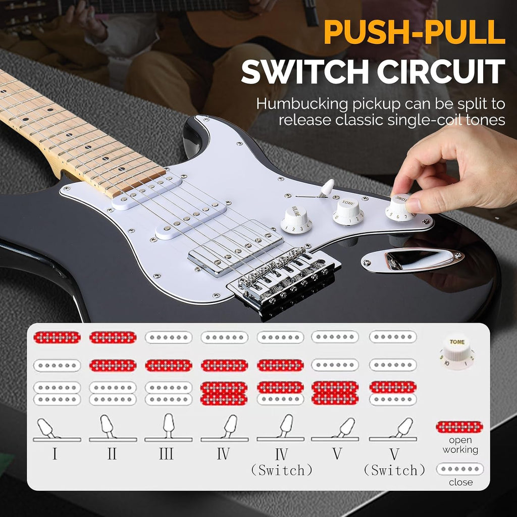 GLARRY Electric Guitar, 39' Full Size Electric Guitar Kit with HSS Pickup Coil Split for Beginner, 20W Amp and Accessories Pack Guitar Bag (Black)