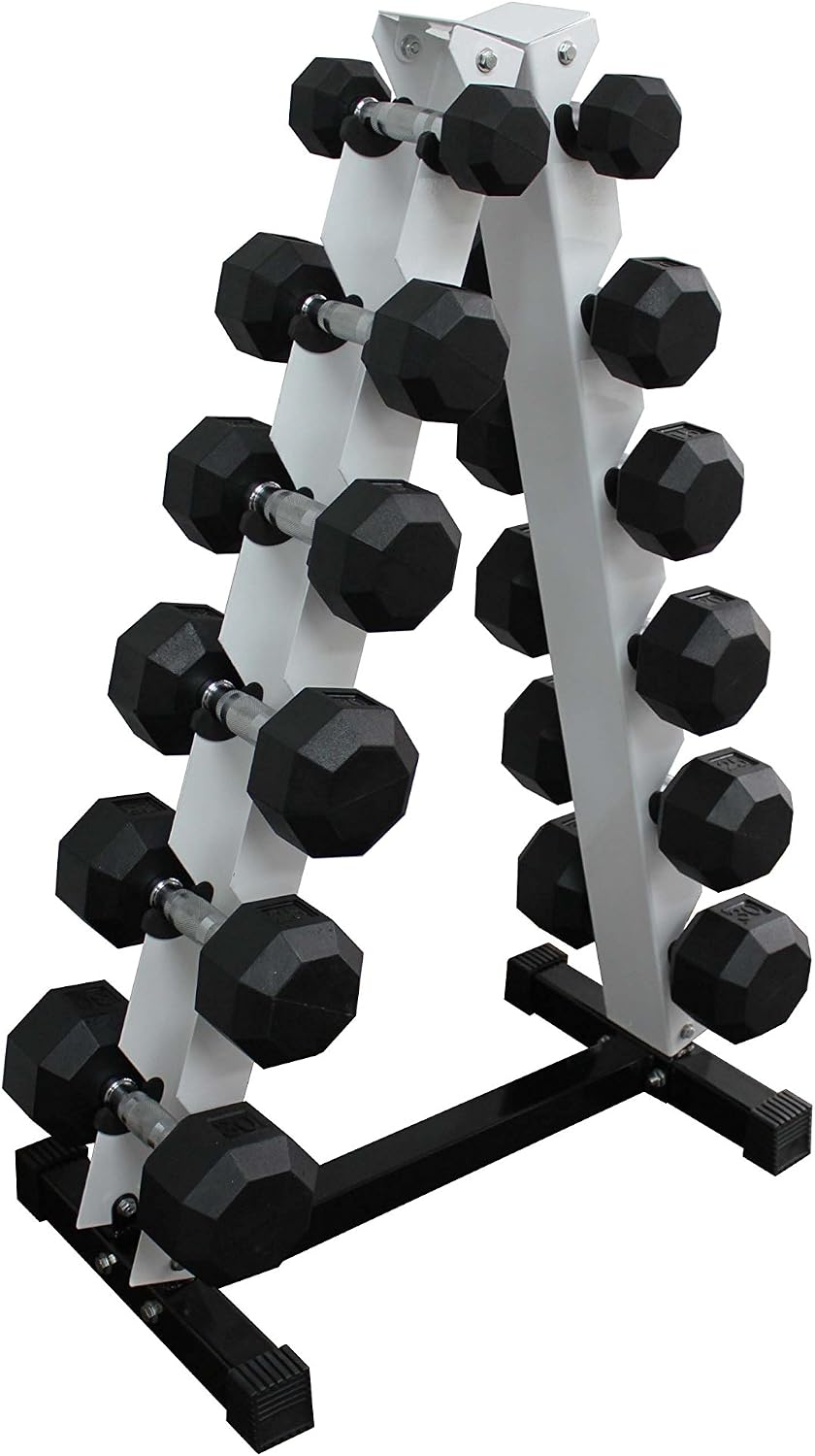 Ader Rubber Dumbbell Set- 3-15lb 6 Pairs w/A-Shape Rack