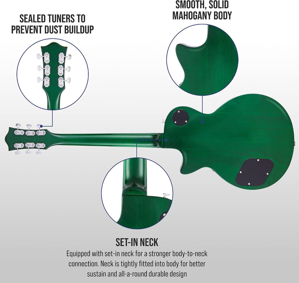 LyxPro 39' SB Series Electric Guitar, LP Style for Beginner, Intermediate & Pro Players Solid Body Guitar, Bonus 2-Pack of Picks, Mahogany Wood, Volume/Tone Controls, 3-Way Pickup - Green