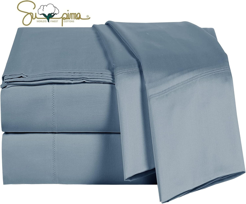 100% Supima Cotton Sheets 600 Thread Count,Bed Sheet Set King Size Sheets 4 Pieces,Soft & Silky Sateen Weave, Fits Mattress Up to 18',Deep Pocket, Breathable & Fade Resistant(Blue Grey,King)