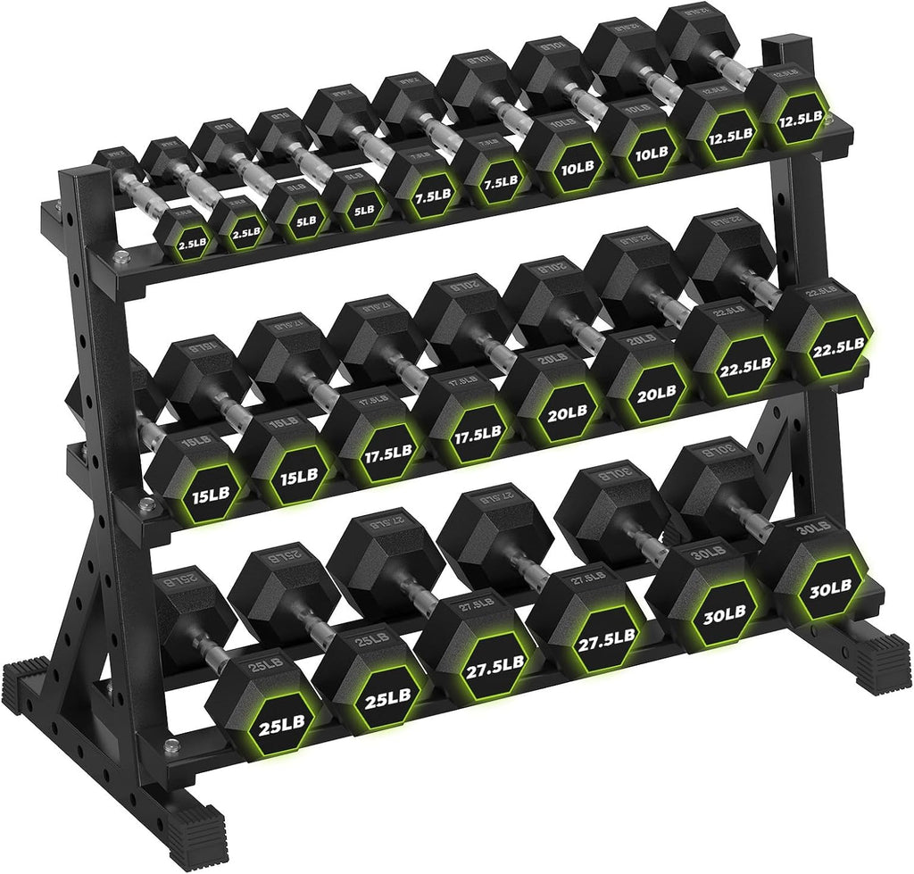 HANDBODE 3-Tier Dumbbell Rack Stand, 1000LB Capacity Storage Rack, Weight Rack for Dumbbells, Kettlebell, 390–700 lb Rubber Coated Fixed Weight Sets, Home Gym Strength Training Equipment