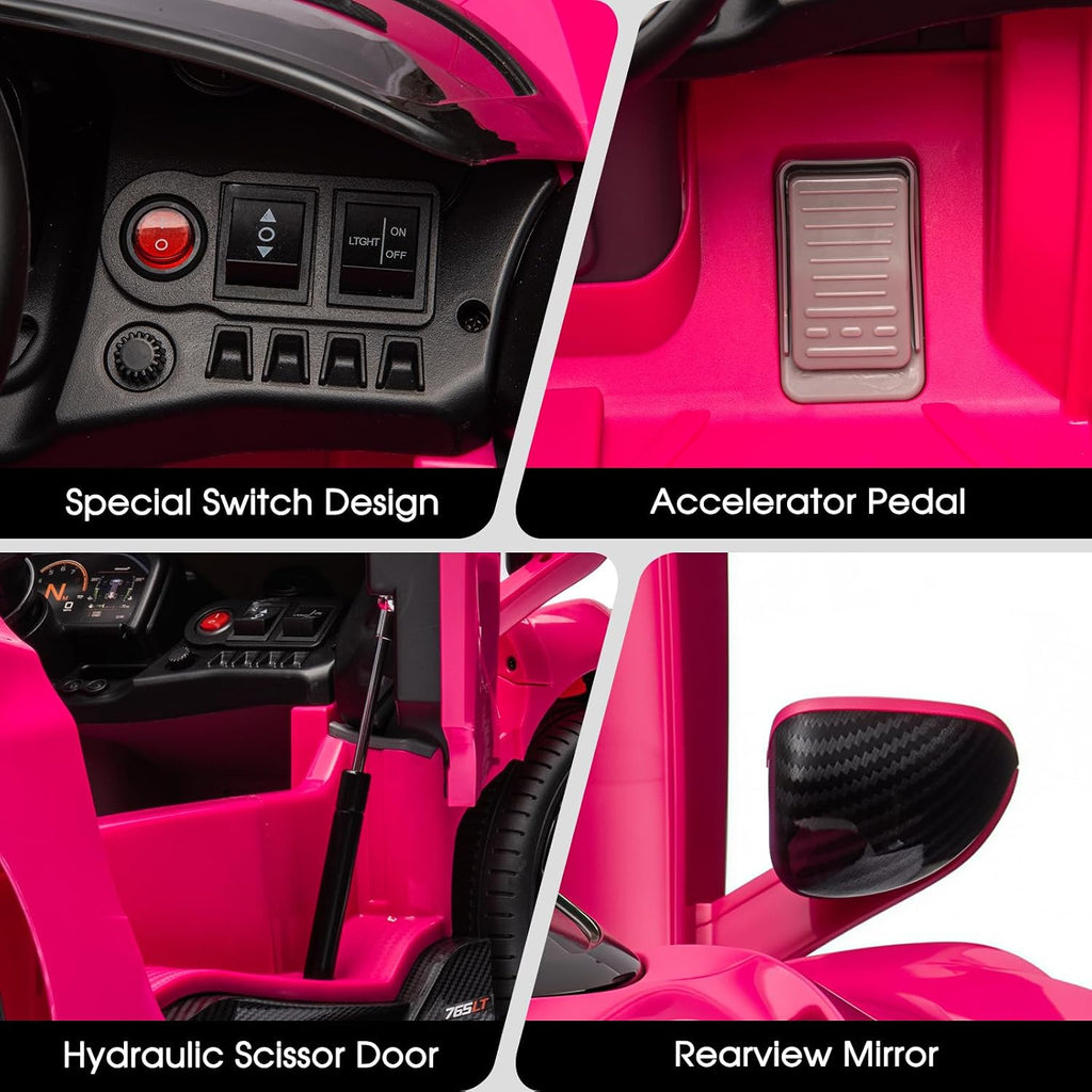 Kids Ride-on Car Licensed McLaren765LT for 3-6Years Old, Electric car 12V Battery Powered Electric Vehicle, w/Parent Remote, Music Player, LED Lights, Smooth Start, 3 Speeds, Pink