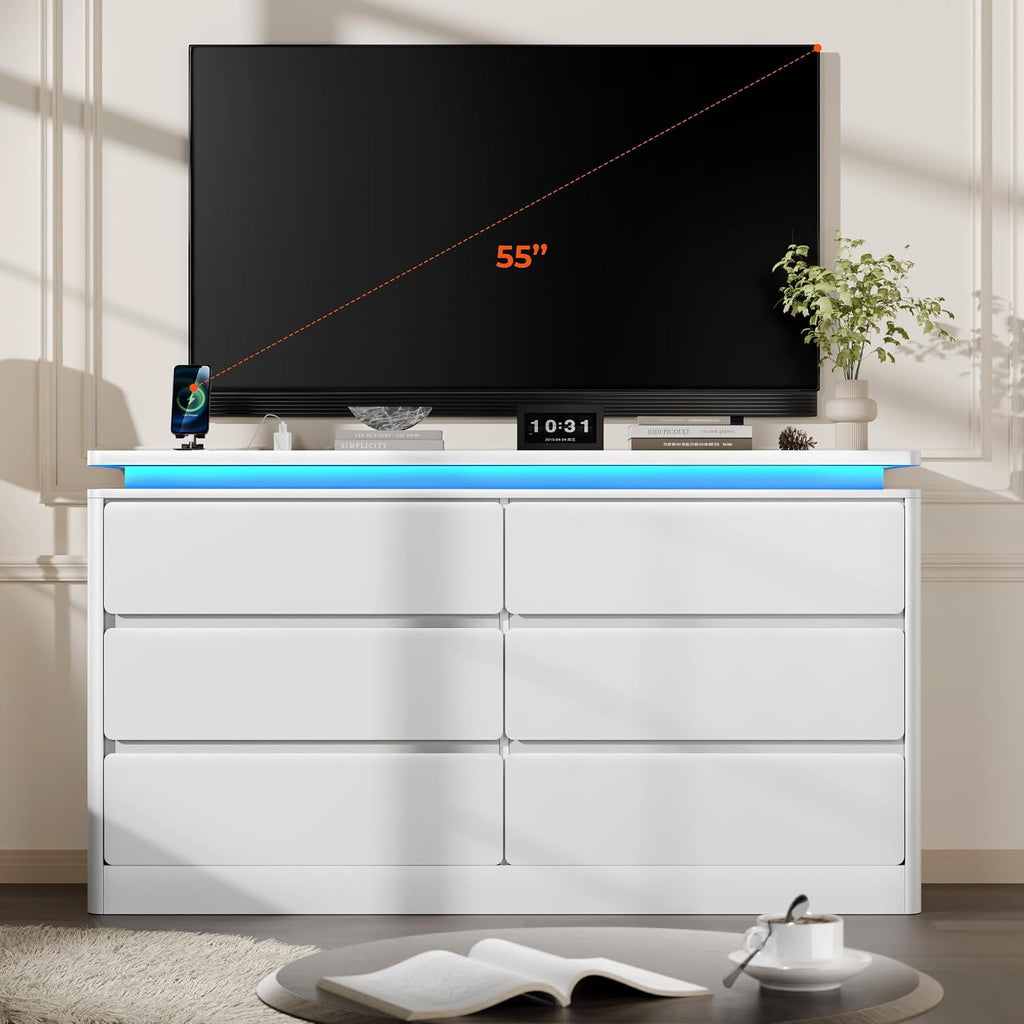 Loomie Upgraded 6 Drawer White Dresser for Bedroom, 47.2' Long Chest of Drawers with Charging Station & LED Lights, Wooden Storage Cabinet Dresser for Closet,Modern TV Stand with Deep Drawers
