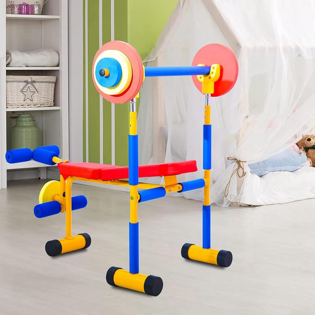 Bench and Leg Press for Kids, Fitness Exercise Equipment for Kids, Children Workout Barbell Dumbbell Weight Set for Ages 3-12 Year Old