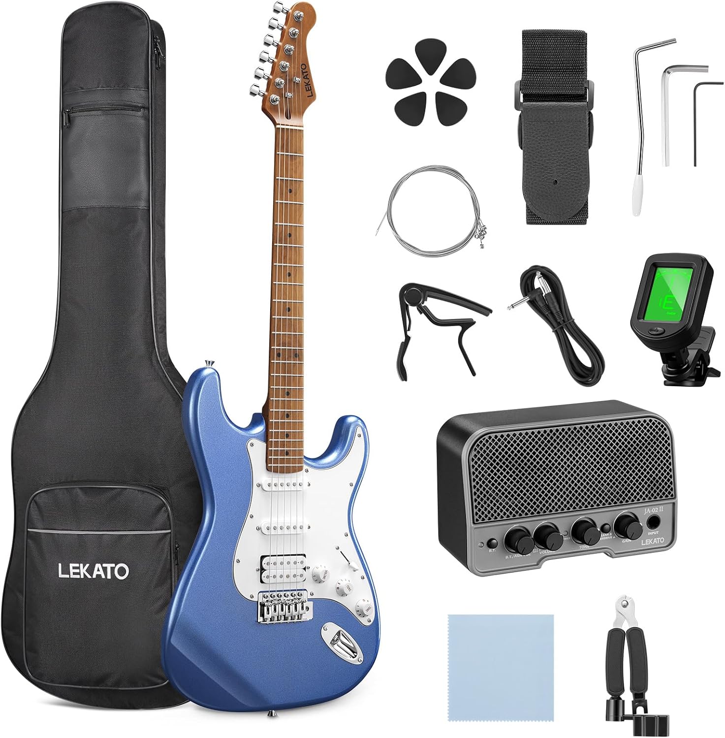 LEKATO Electric Guitar Kit Beginner 39 Inch Full Size Solid Body Guitar HSS for Starter Roasted Maple Neck Fretboard Stainless Steel Frets, 5W Mini Amp, Bag, Tuner, Capo, Strap, String, Picks- Blue