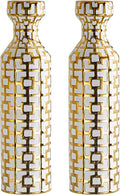 Pair of 24.4' Tall Ceramic Cylinder Vases with Geometric Gold Accents, Large Flower Vase, Decorative Vase - Modern White & Gold Floor Vases for Living Room, Entryway Decor (Set of 2)