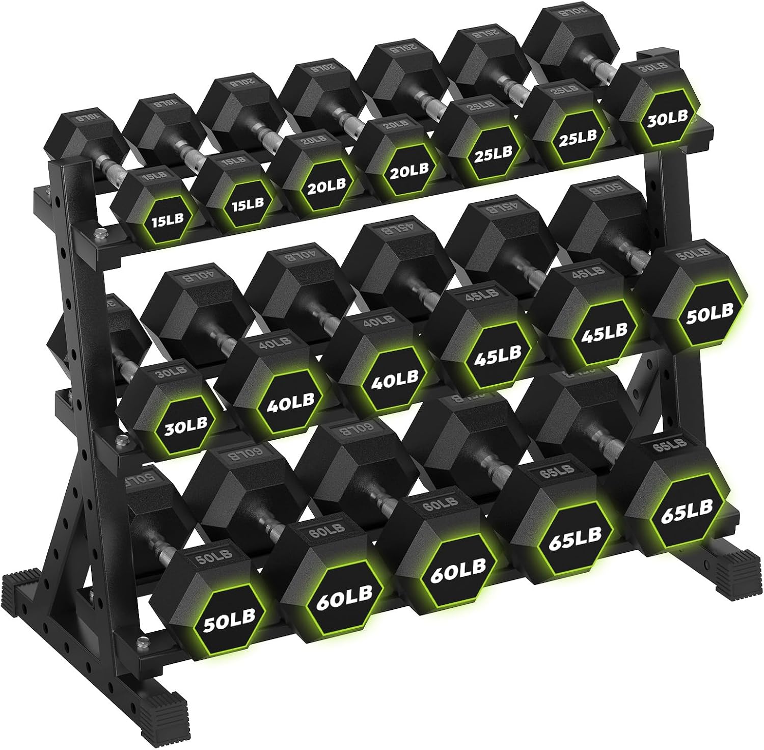 HANDBODE 3-Tier Dumbbell Rack Stand, 1000LB Capacity Storage Rack, Weight Rack for Dumbbells, Kettlebell, 390–700 lb Rubber Coated Fixed Weight Sets, Home Gym Strength Training Equipment