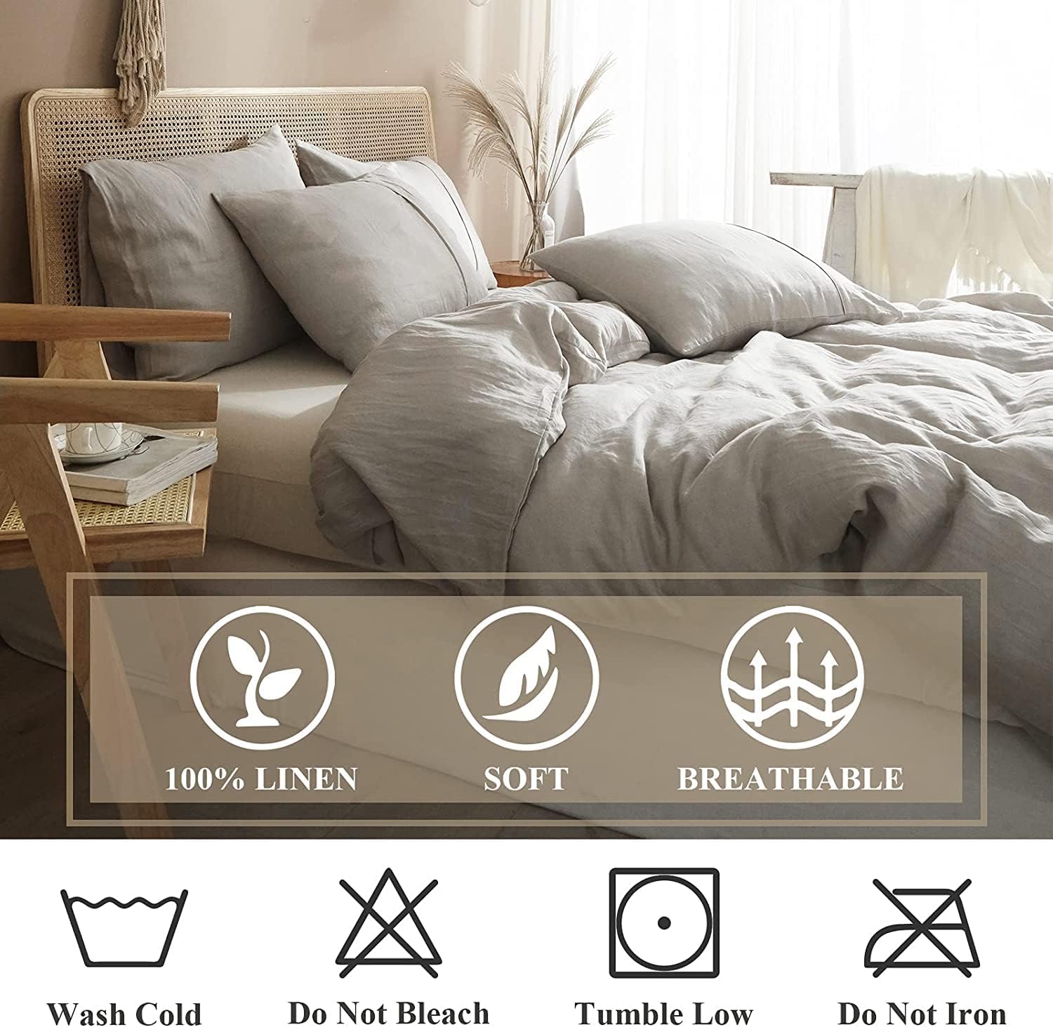 Ivellow Linen Duvet Cover King Size 100% Washed French Flax Pure Linen King Duvet Cover Set Soft Breathable Durable Cooling Comforter Cover Natural Linen Bedding Set 3 Pcs-1 Duvet Cover 2 Pillowcases