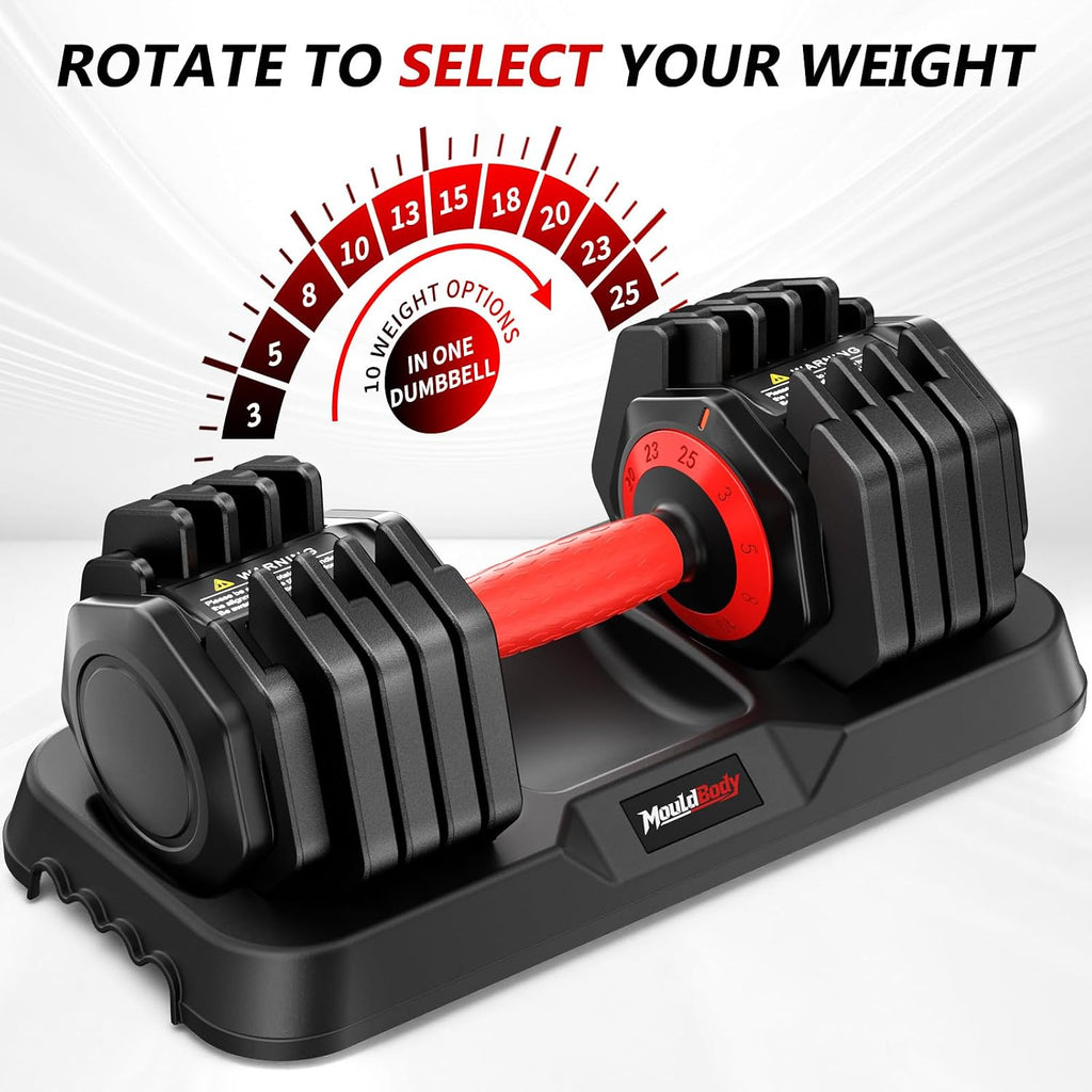 Adjustable Dumbbell Set Pair 25 lb or 50 lb, Adjustable Dumbbells 10-in-1 Free Weight Set, 1-Second Dial Weight Adjustment,Space-Saving Design with Storage Base, Home Gym Strength Training Equipment