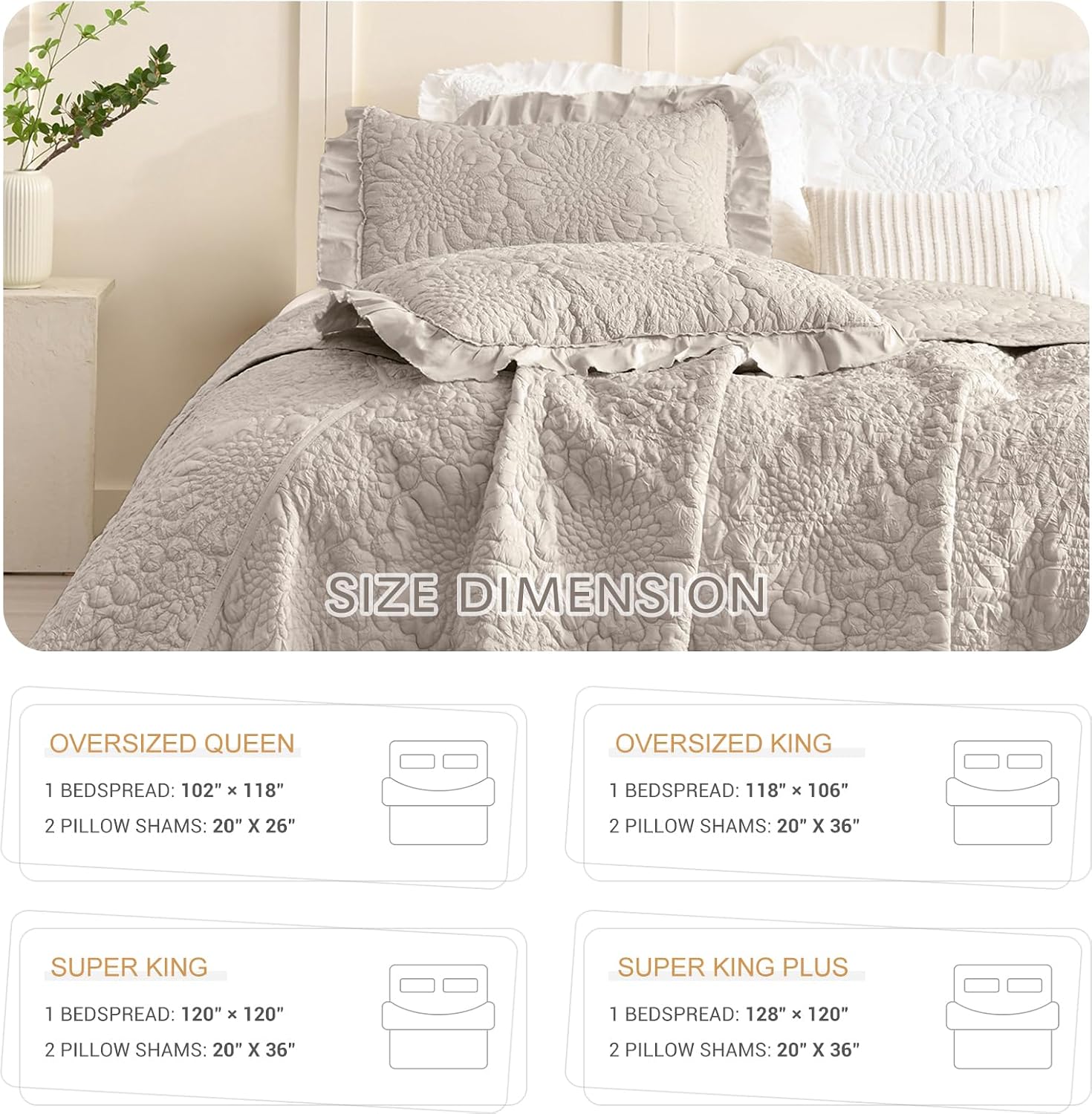 Lady Ann Oversized Bedspread Set 128x120, Extra Large Linen Feel Stone-Washed Ruffled Quilt Set Crinkled Blanket, Lightweight Shabby Quilted Bedspreads &Coverlets 3 PCS Farmhouse Rustic Bedding Sets