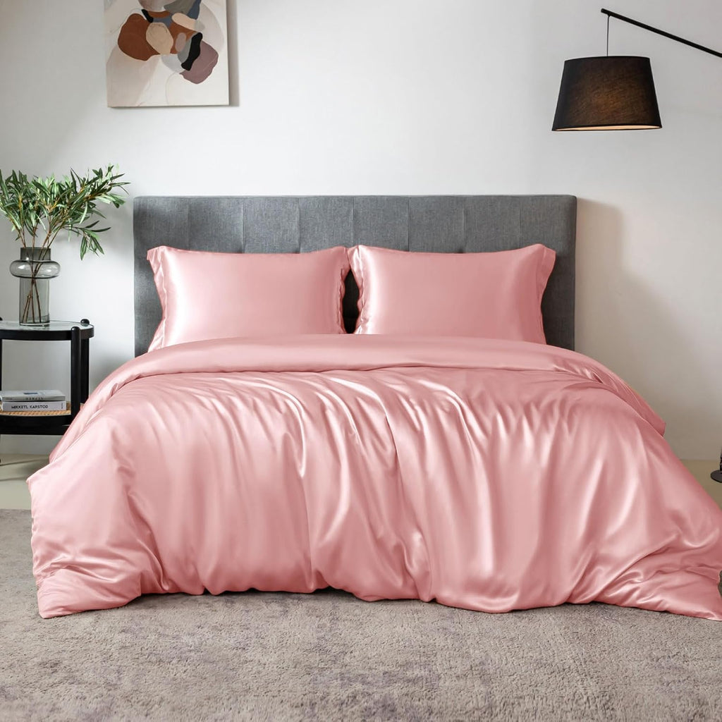 THXSILK 100% Silk Sheet Set, 7A+ Silk Sheet Set Soft Breathable, Luxury Bedding (1 Duvet Cover, 1 Fitted Sheet, 2 Pillow Shams), King, Charming Pink
