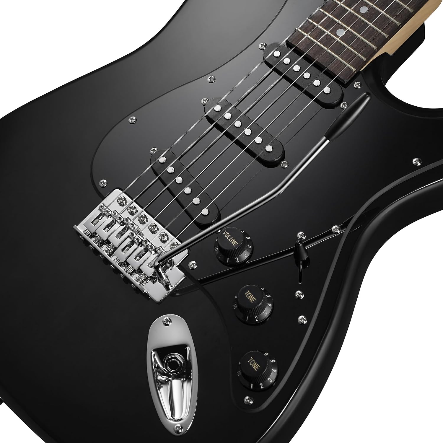 Ashthorpe 39-Inch Electric Guitar (Black-Black), Full-Size Guitar Kit with Padded Gig Bag, Tremolo Bar, Strap, Strings, Cable, Cloth, Picks
