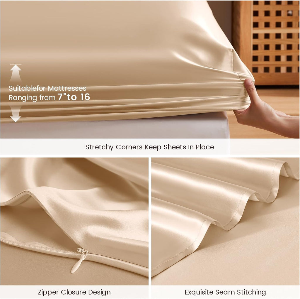 THXSILK 6A+ Top Grade 100% Pure Mulberry Silk King Fitted Sheet 3Pcs Set Bed Sheets Luxury Bedding for Hair and Skin Breathable Cooling Safe Material, 1 Fitted Sheet with 2 Pillowcases, Champagne