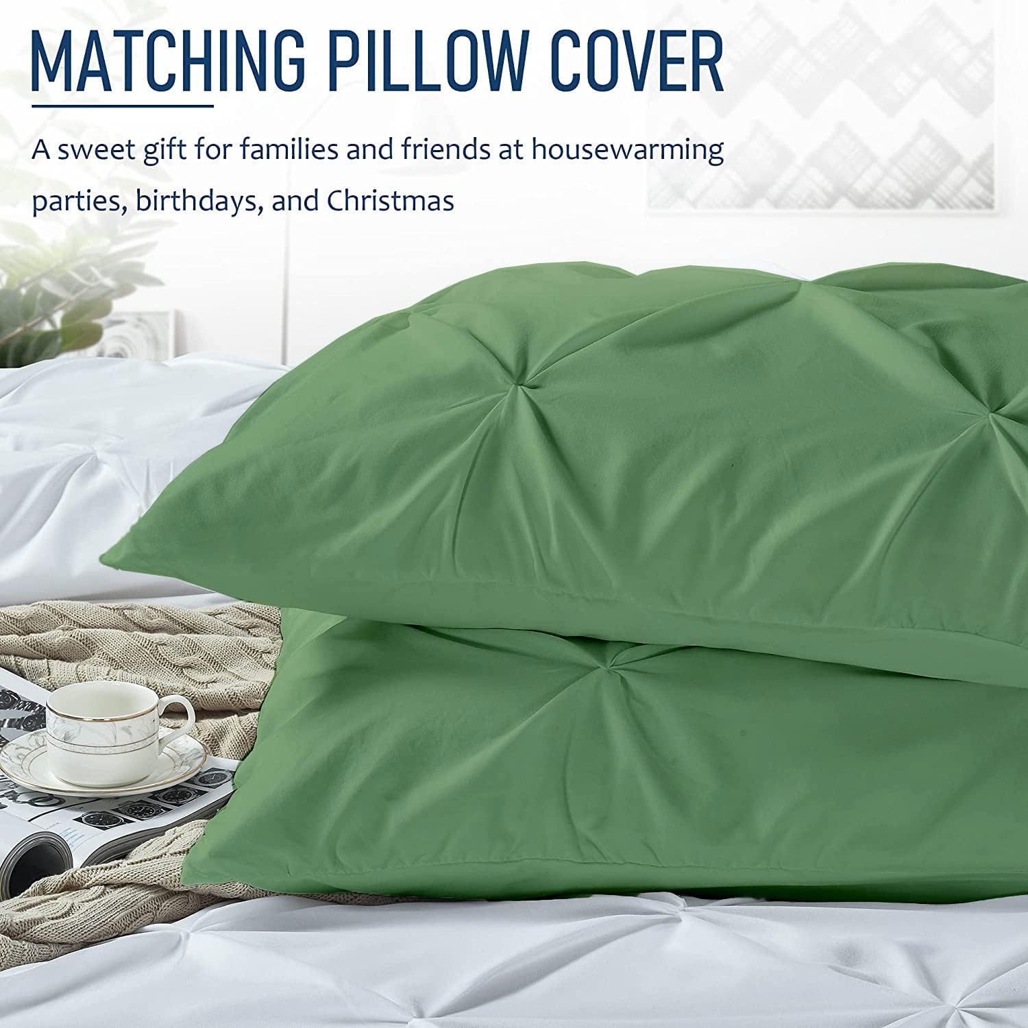 Crown Collection Luxuriate Hotel 1000-TC Hypoallergenic Ultra Soft Design 100% Egyptian Cotton Pinch Plated Duvet Cover with Zipper Colser & 2pcs Pillow Case Set (Oversize 98x120, Moss)