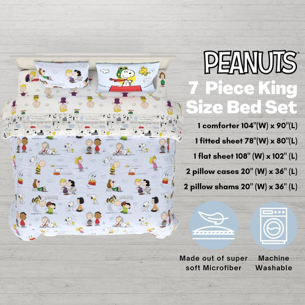 Peanuts® Charlie Brown, Snoopy & Gang Bedding, 7 Piece Super Soft Cozy Reversible Comforter and Sheet Set with Sham, King, (100% Official Licensed Product) by Franco Collectibles