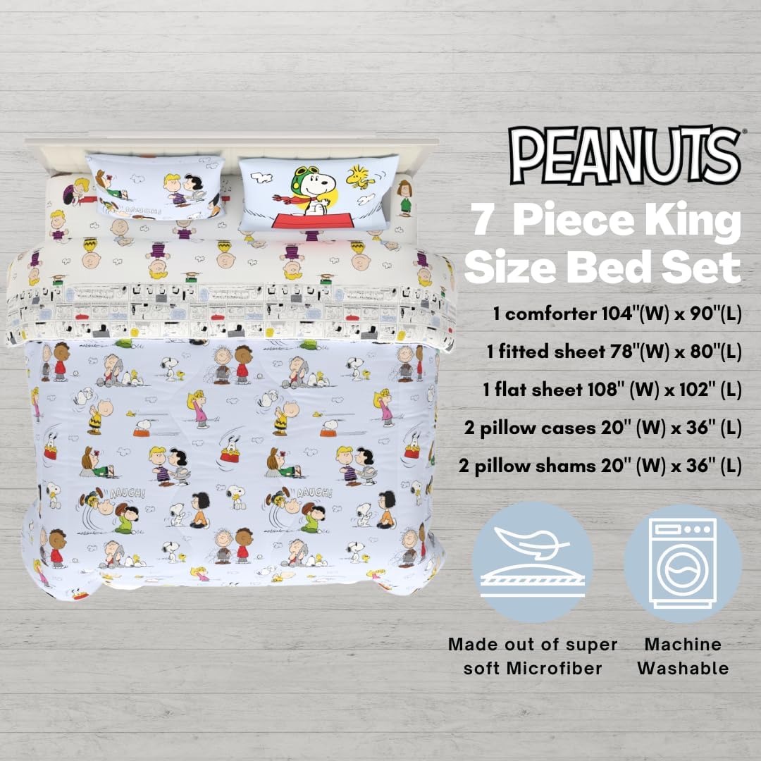 Peanuts® Charlie Brown, Snoopy & Gang Bedding, 7 Piece Super Soft Cozy Reversible Comforter and Sheet Set with Sham, King, (100% Official Licensed Product) by Franco Collectibles