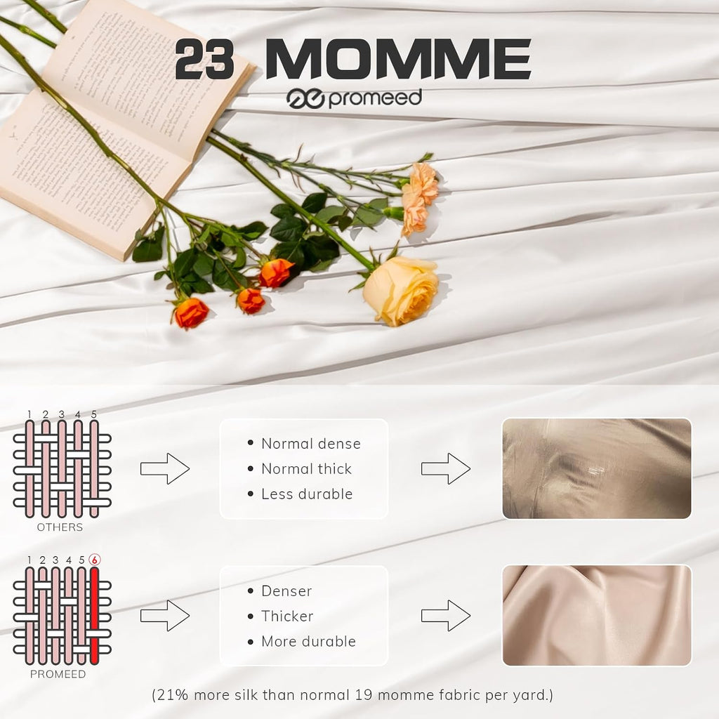 PROMEED 100% Pure Mulberry White Silk Sheet Set 4pcs, 23 Momme Grade 6A+ Silk Bed Sheets Set with Cooling Sheets and Pillowcases (White, Queen)