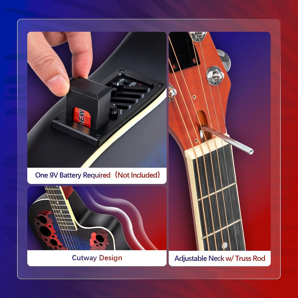 GLARRY 41in Acoustic Electric Guitar, Unique Round-back Design, 6 String Cutaway Guitar Beginner Kit with 15W Amp, EQ, Bag, Strap, Picks, Strings (Blue with AMP, Full-Right Handed)