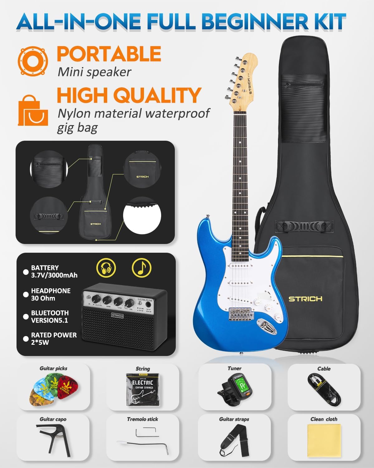 STRICH Electric Guitar Beginner Kit, Solid Body 39' Full Size Electric Guitar SSS Pick Up for Starter, with 5W x 2 Amp, Bag, Digital Tuner, Capo, Strap, String,Cable, Picks, SST-S10 Sapphire Blue